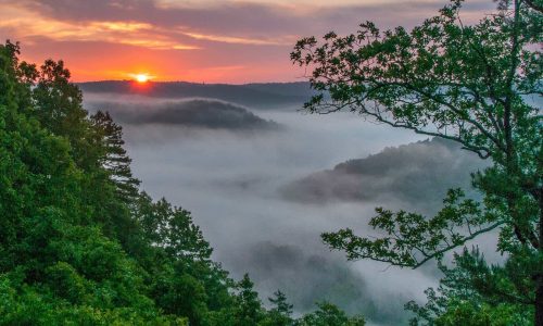 Sunset fog mountains