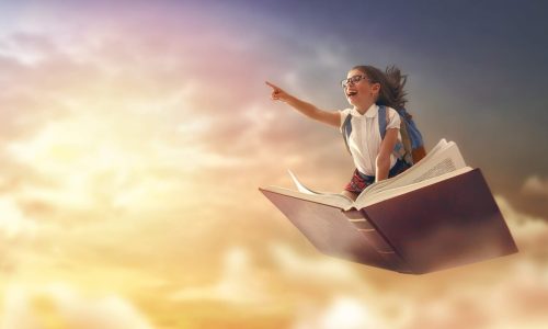 girl flying on a book exercising her imagination